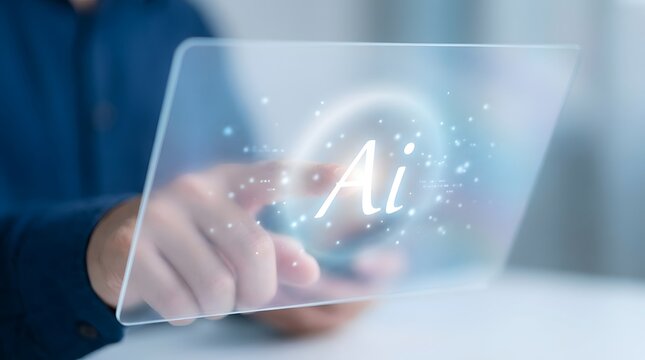 Person touching a digital screen displaying an ai symbol with glowing particles