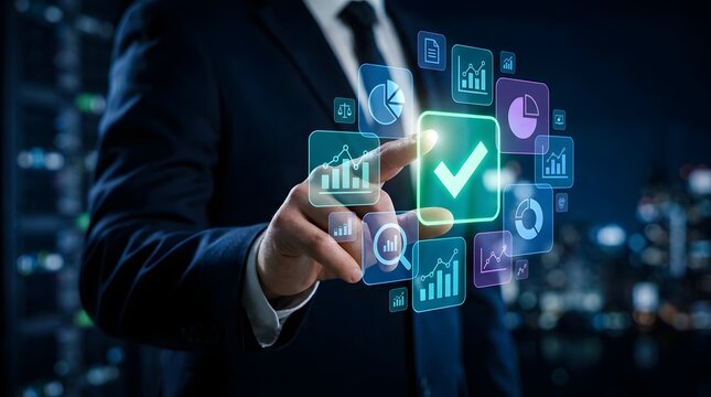 Businessman interacting with digital interface showing various business and data icons