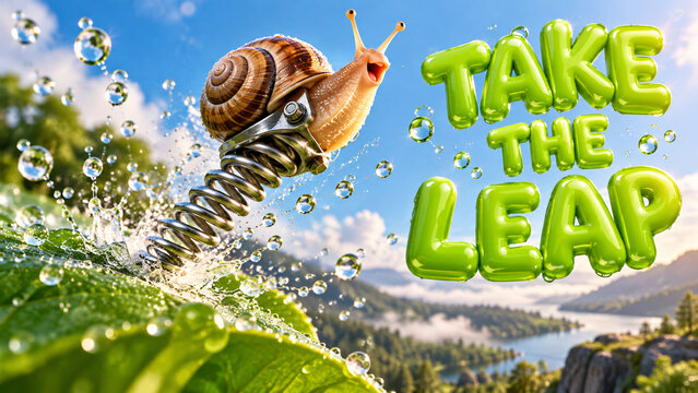 Funny Spring Powered Snail Leaping Over Mountain Lake with "TAKE THE LEAP" text