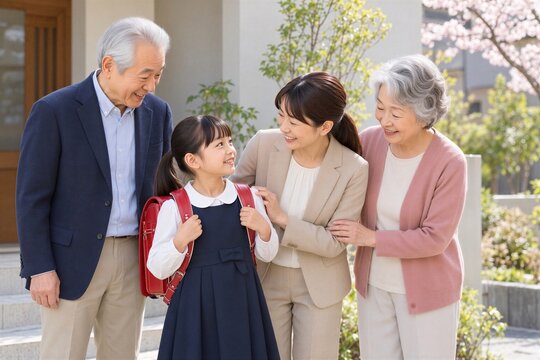 赤いランドセルを背負った孫娘の入学を祝う祖父母と母親