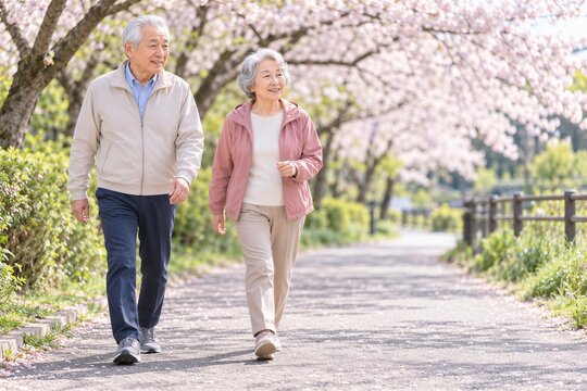桜並木を並んでウォーキングする日本人シニア夫婦