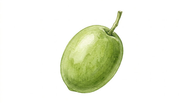 Gambar ini merupakan ilustrasi cat air (watercolor) yang sangat detail dari buah zaitun utuh lengkap dengan tangkai kecil di bagian atasnya.