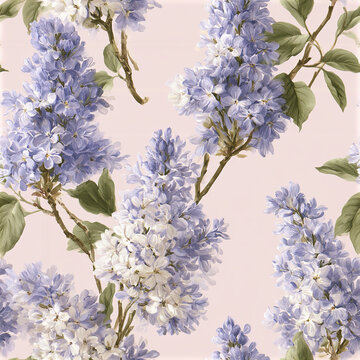Delicate lavender lilac pattern with soft watercolor lilac flower and green leaves pale background creating gentle floral