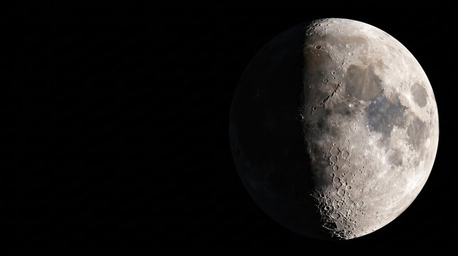 High resolution half moon with detailed craters and lunar surface against black space background