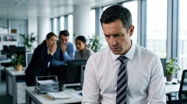 Sad Businessman in Office with Colleagues Gossiping in Background.