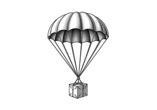 3d icon of a vintage black and white illustration of a parachute carrying a cargo box, isolated on a transparent background