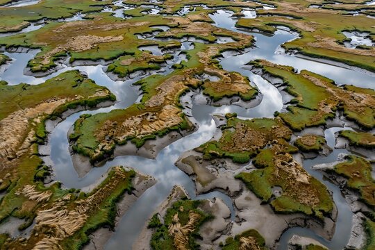 Aerial view of a winding tidal river flowing through a lush green salt marsh landscape at low tide