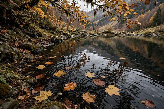 Autumn leaves floating on the calm surface of a mountain lake with ripples and reflection of the forest in the water