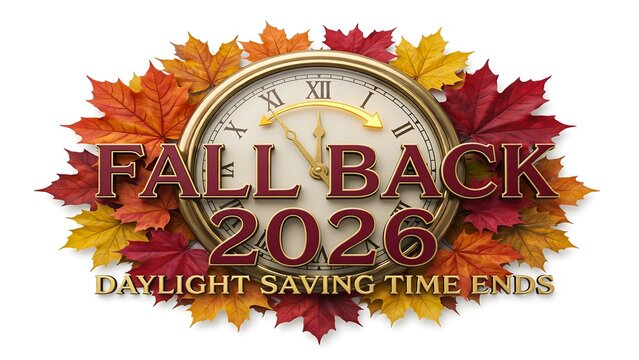 Fall Back 2026 daylight saving time ends with clock and autumn leaves