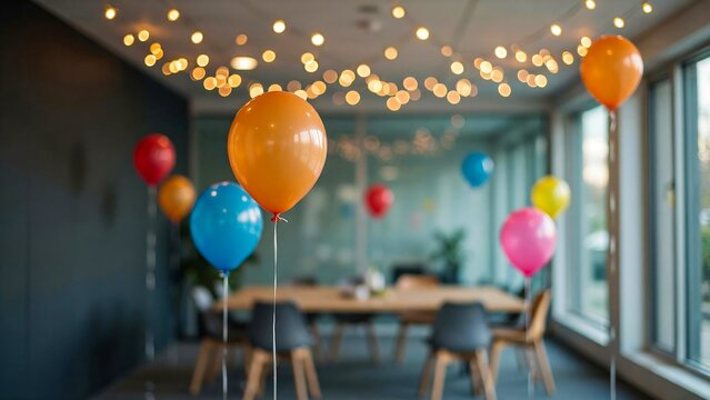 Colorful balloons floating in a modern office with string lights