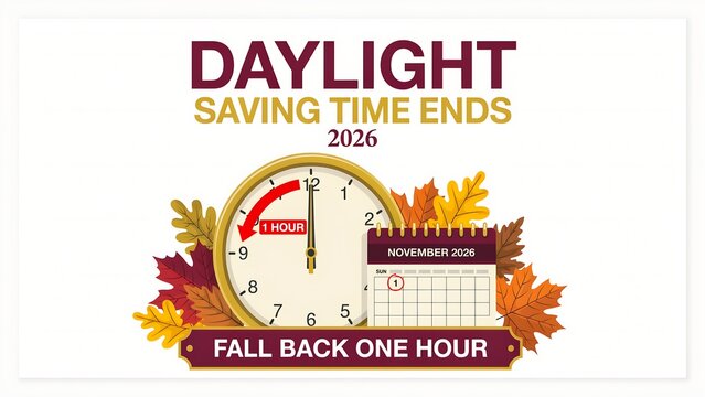 Daylight saving time ends 2026 banner with clock, calendar and autumn leaves