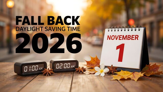 Fall back daylight saving time 2026 with clocks and calendar on wood