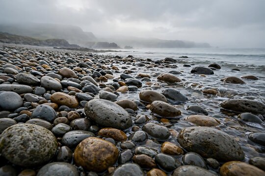 Pebble beach with smooth stones along the shoreline under a misty and overcast sky in a coastal landscape