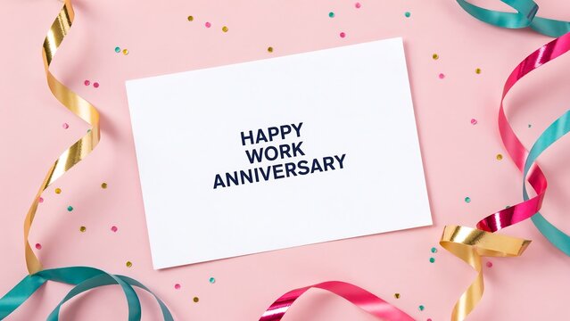 Happy work anniversary card surrounded by colorful ribbons on pink