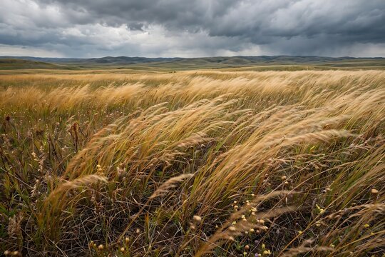 Golden grass blowing in the wind across a vast prairie landscape under a dramatic dark stormy sky in the countryside