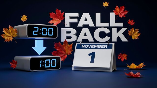 Fall Back daylight saving time concept with clocks and autumn leaves