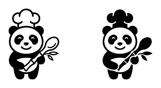 Panda chef with bamboo and spoon silhouettes for food and restaurant logos
