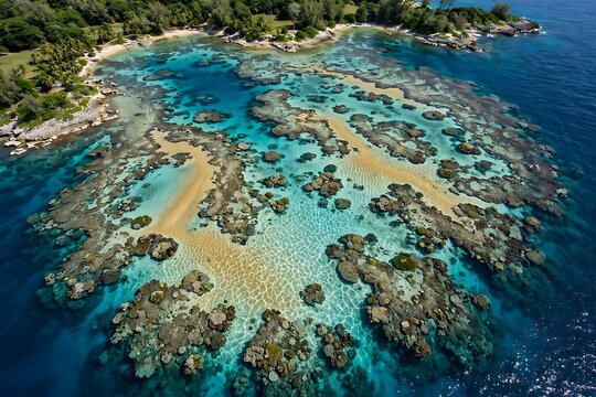 Aerial view of a vibrant coral reef in clear turquoise tropical waters near a lush green island coastline