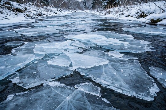 Ice floes drifting on a cold river flowing through a snowy winter forest landscape with frozen banks and icy water
