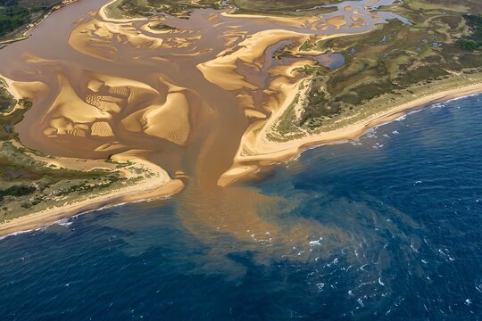 Aerial view of a river estuary flowing into the ocean with sediment plumes and sandy banks along the coastline