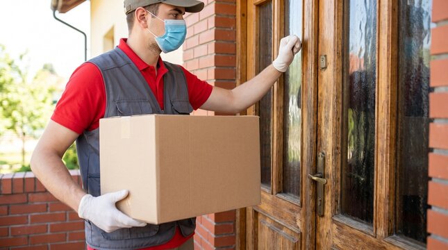 Courier delivering package at doorstep
