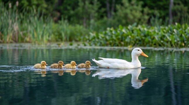 White duck swims with four ducklings.
