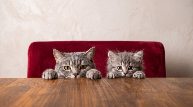 Two gray cats watching table.

