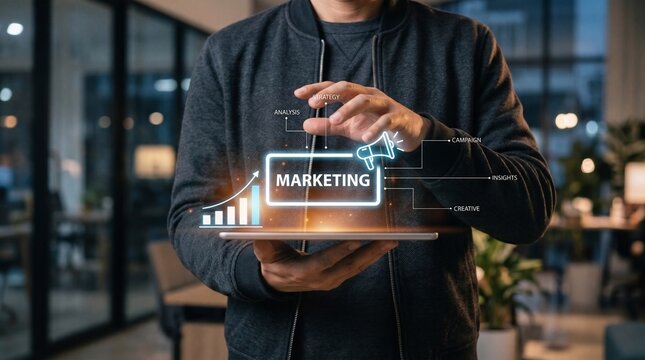 Professional managing marketing strategy with digital graphics
