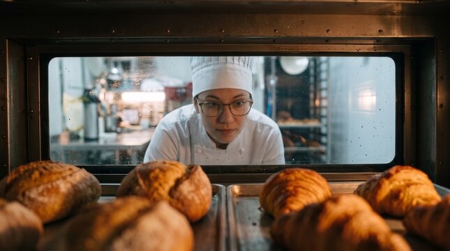 Baker checks bread in oven
