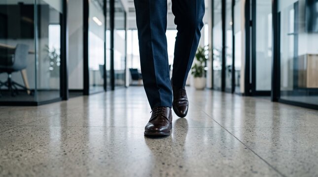 businessman walks through office corridor
