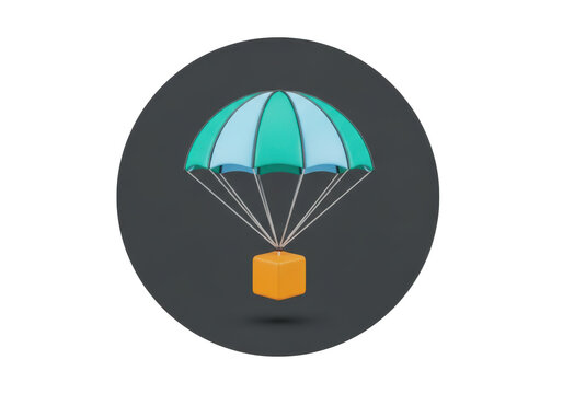 3d icon of orange cube falling with a green and blue parachute on a dark gray circle isolated on transparent background