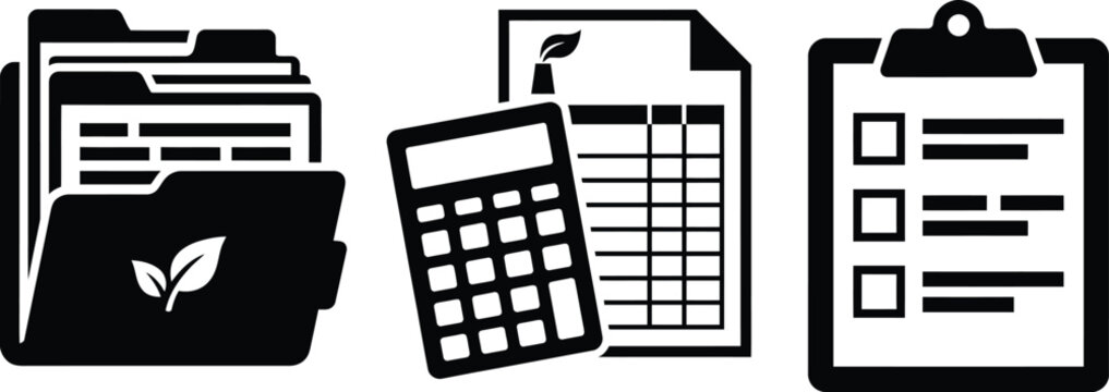 Accounting and green business administrative document management task icons with list web element white background administrati