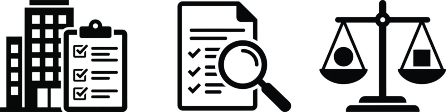 Corporate building assessment inspection and financial balance comparison icons with scale magnifying glass web element white background