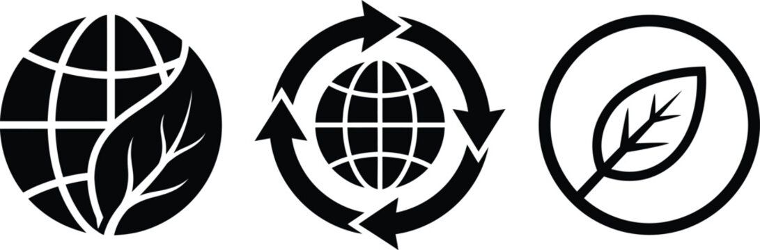 Set of environmental icons depicting earth globe with leaves and recycling symbols environment sustainability conservation friendly