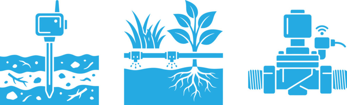 Set of agricultural smart irrigation icons representing soil moisture sensor drip watering system and industrial control valve with agricultu