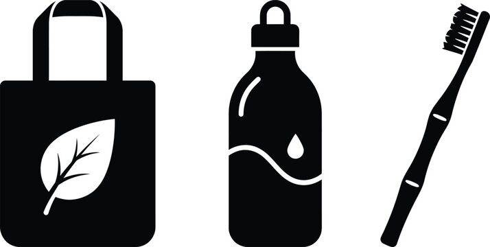 Set of sustainable lifestyle symbols including reusable tote bag glass water bottle and bamboo toothbrush