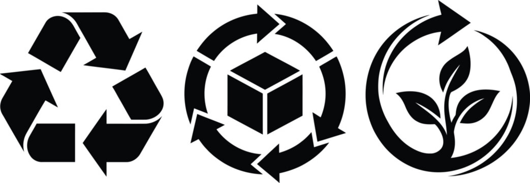 Recycling symbols representing circular economy and environmental sustainability through arrows and nature elements