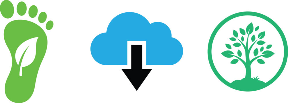 Set of environmental icons depicting carbon footprint cloud download data and tree growth sustainability