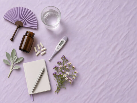 Perimenopausal wellness flat lay with thermometer, water, supplements, notebook, fan and lavender on lilac linen, women's health self care