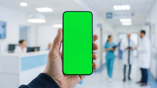 Closeup of a hand holding a smartphone with a green screen in a modern hospital hallway, perfect for medical app interface mockups