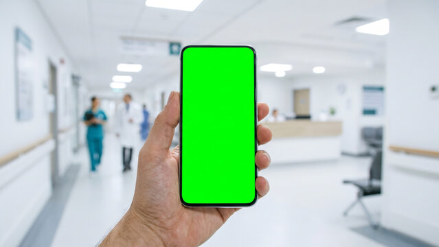 Closeup of a hand holding a smartphone with a green screen in a modern hospital hallway, perfect for medical app interface mockups