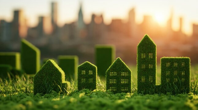 Moss covered model buildings on lawn glowing in warm sunset light, eco urban planning concept