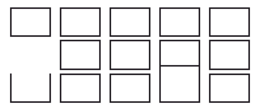 Grid layout with empty square cells. Blank modular design elements isolated on transparent background. Empty squares, rectangles, grid cells. Vector illustration.