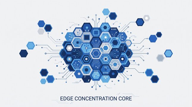 Abstract representation of edge concentration core technology with hexagonal digital circuit patterns on a clean white background
