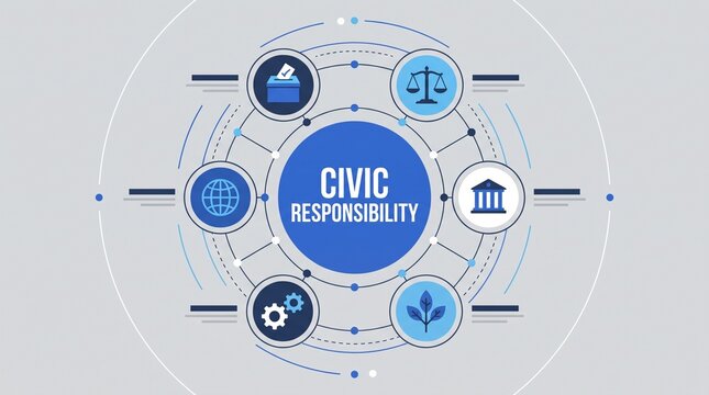 Conceptual diagram of civic responsibility with icons representing voting justice government and environment