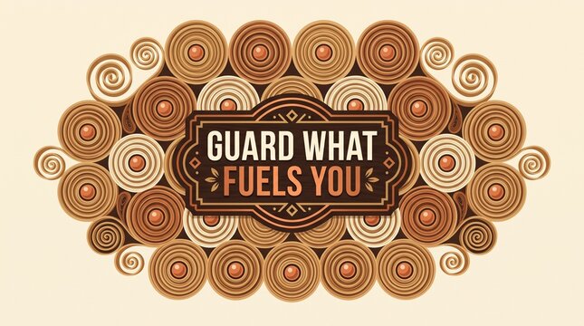 Decorative wooden plaque with the motivational phrase Guard What Fuels You surrounded by concentric circles and spiral patterns