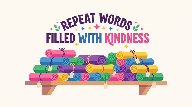 Colorful illustration featuring the quote Repeat Words Filled With Kindness with stacks of rolled fabric on a shelf