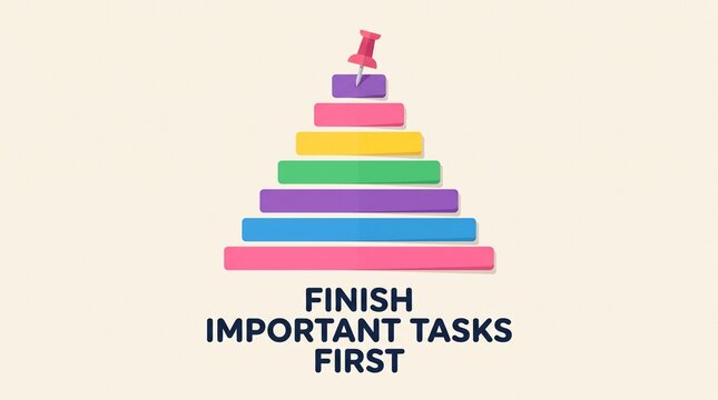 A motivational illustration featuring a pyramid of colorful bars with a pushpin on top and the text finish important tasks first