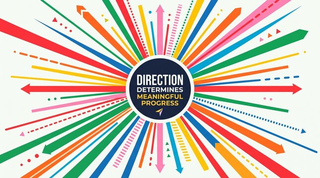 Colorful arrows radiate from a central dark circle containing text about how direction determines meaningful progress to symbolize strategic growth and diverse choices