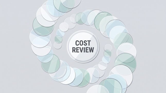 Business graphic featuring the text cost review surrounded by a spiral of glass circles on a light gray background